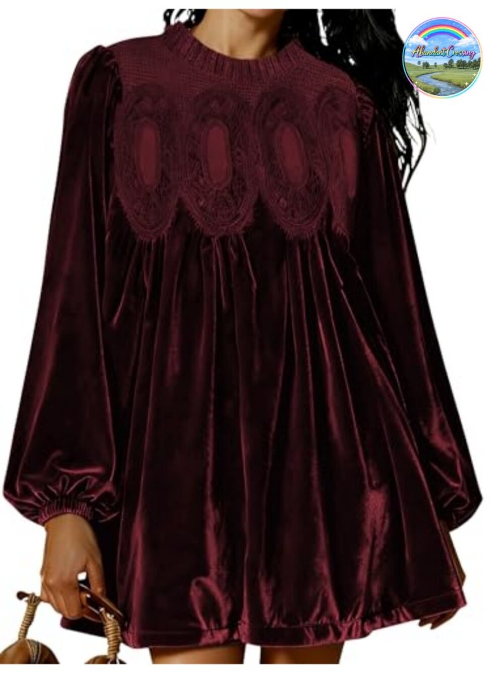 Women's A-Line Velvet Lace Overall Pleated Swing Babydoll Skirtall Scallop Neck